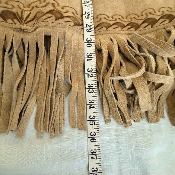Vintage Hand Burned Pyrography Suede Leather Mexican Fringed Poncho - Picture 7 of 8
